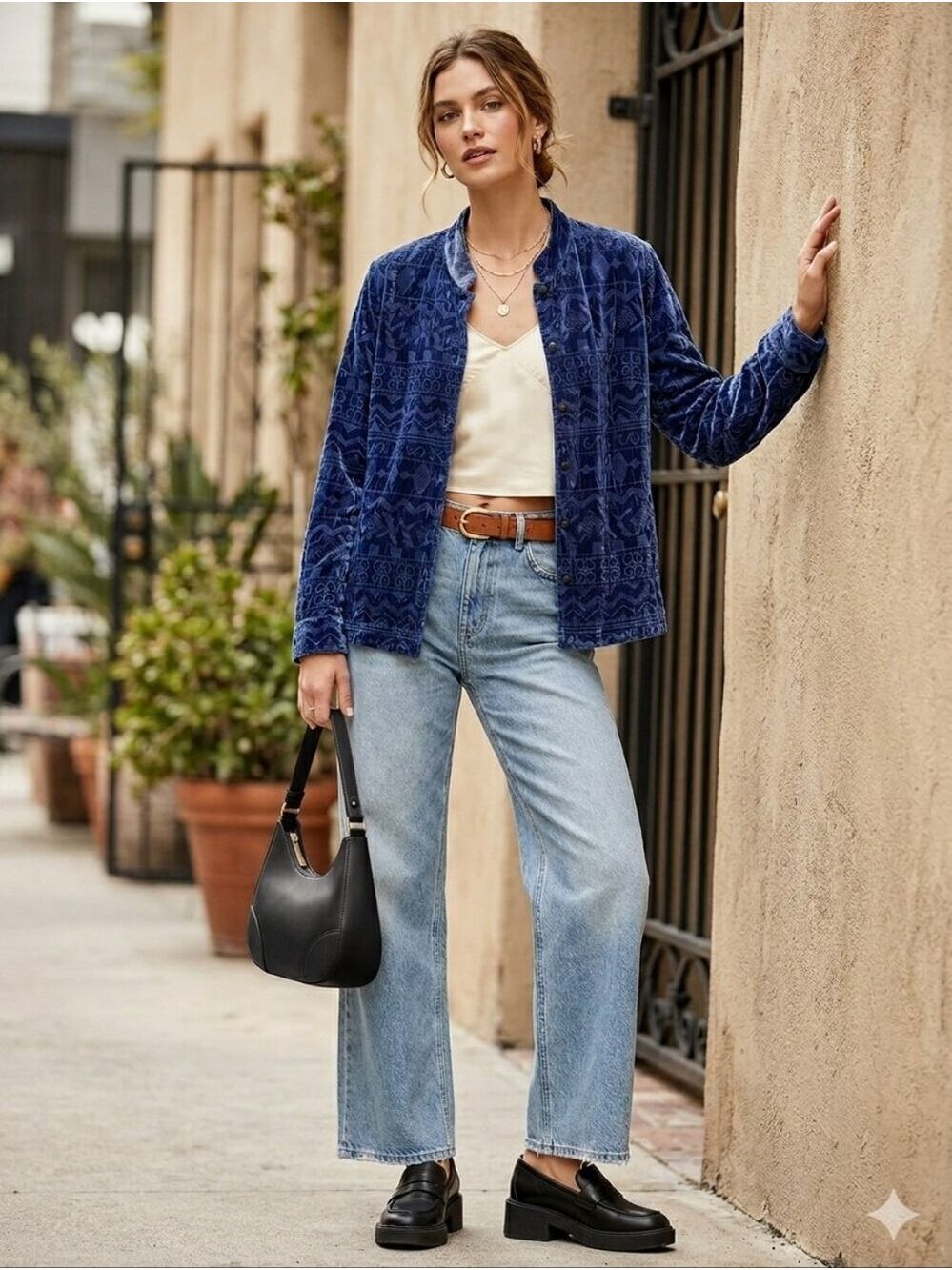 Chicos Jacket Womens Blue Silk Blend Aztec Velvet Burnout Size 1 (S/M) Artsy